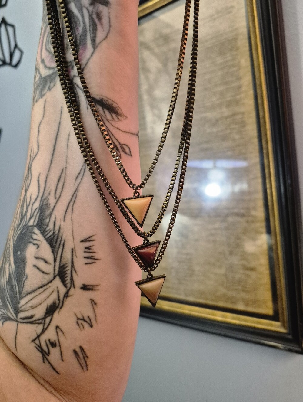 Tri-Tone Triangle Pendant Layered Necklace - Rust, Brown, Cream - Picture 4 of 5
